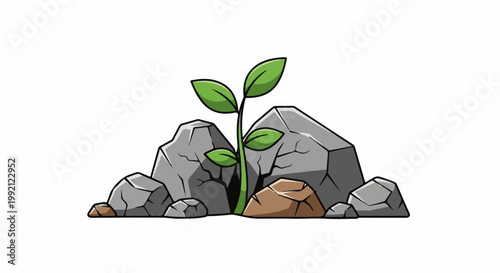 A small plant sprouts through a cluster of grey and brown rocks