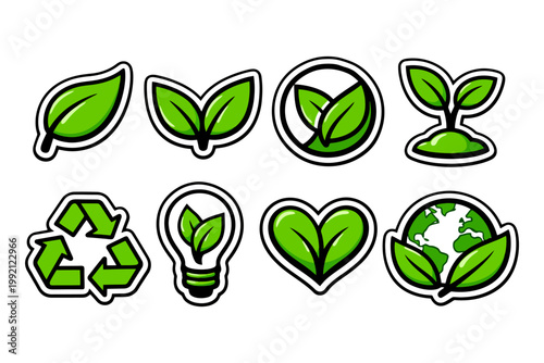 Eco-friendly symbols: recycling, sustainability, green energy, nature conservation, earth.