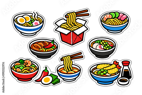 Variety of asian noodles and ingredients in colorful cartoon illustrations.