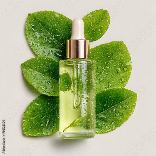 serum bottle with green leaves and water drops clean hydration concept
