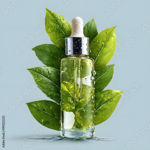 serum bottle with green leaves and water drops clean hydration concept