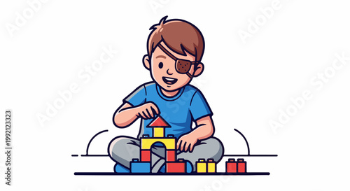 A smiling boy with an eye patch plays with colorful building blocks, creating a small structure