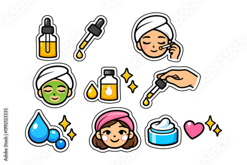Skincare routine icons featuring diverse characters and beauty products.