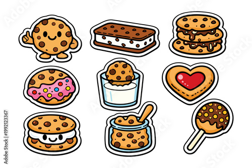 Cute cartoon cookie stickers with milk donuts and heart shapes.