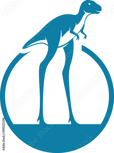 Blue dinosaur with long legs standing inside a circle graphic