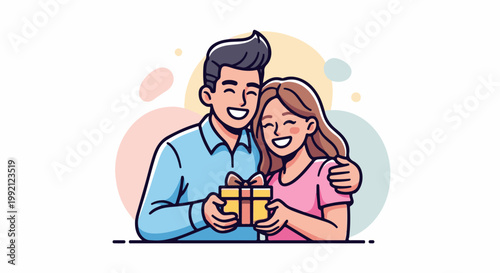 A smiling couple embraces, presenting a gift box with a ribbon, surrounded by colorful abstract shapes