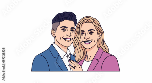 A smiling couple, a man with dark hair and a woman with blonde hair, posing together in stylish jackets