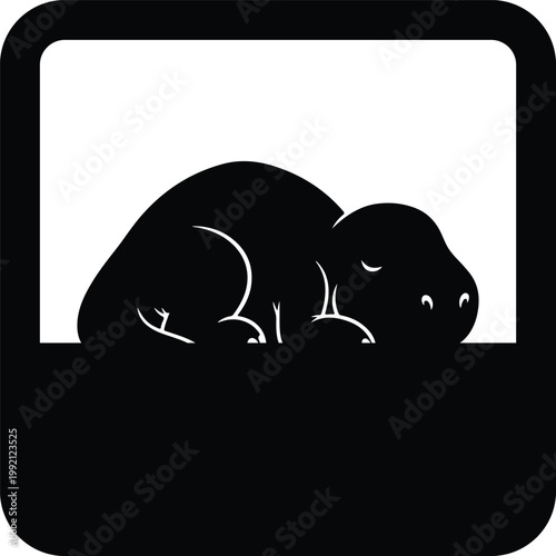 Black silhouette of a sleeping baby dinosaur curled up in a basket, cute animal icon