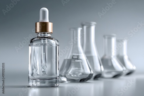 skincare bottle with laboratory glassware clean clinical background premium look