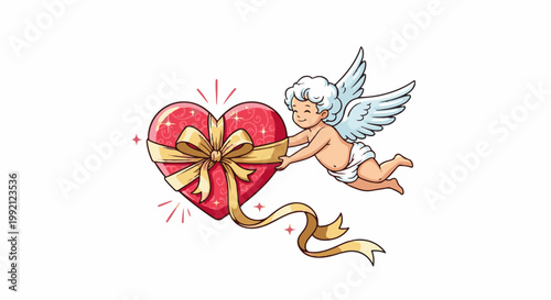 A smiling cupid with wings carries a large heart-shaped gift, adorned with a golden bow and ribbon