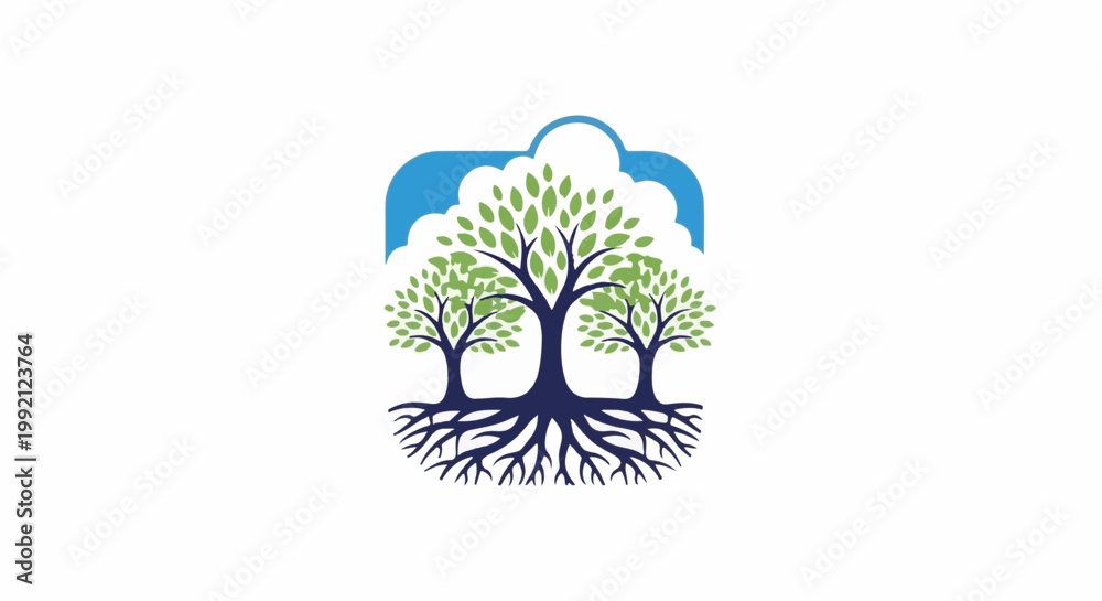 Obraz premium Three trees with roots and blue clouds above