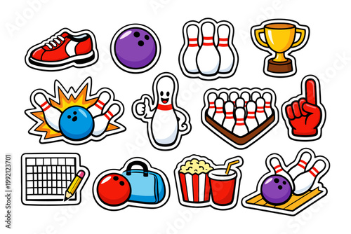 Colorful bowling stickers: pins, balls, shoes, and trophies.