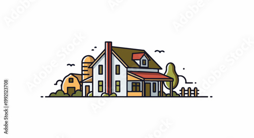 A simplified illustration of a farmhouse with attached silo and barn