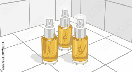 Three clear glass bottles with yellow liquid and silver spray nozzles