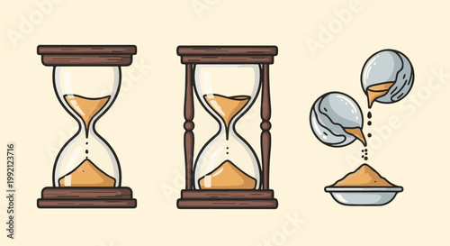 Three hourglasses show time passing and sand falling