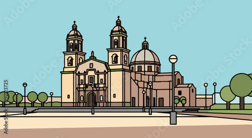 A simplified illustration of a grand building with multiple towers and domes, set against a clear blue sky with trees