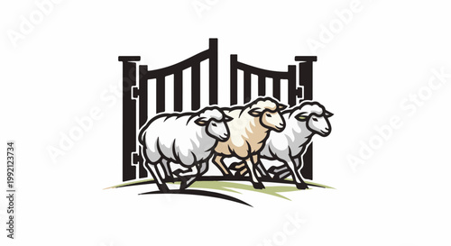 Three stylized sheep, one light brown, walk through an open gate