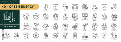 A collection of Green Energy icons set with editable stroke, including renewable energy, ecology and green electricity. Thin linear vector illustration.