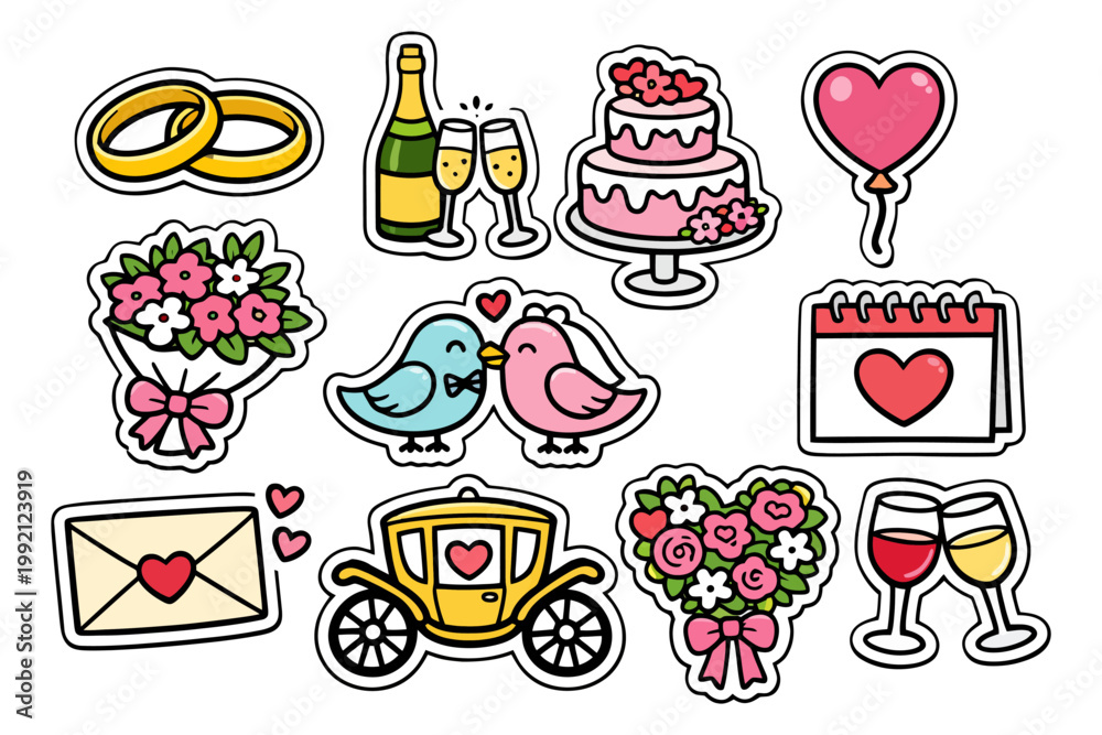 Fototapeta premium Wedding celebration stickers: rings, cake, bouquets, love birds, heart balloons.