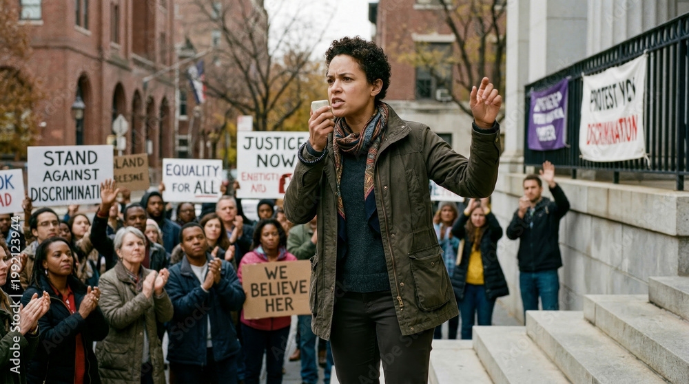 Fototapeta premium Empowered activist delivers powerful speech with megaphone to diverse crowd demonstrating for justice, equality, and end to discrimination on city streets.
