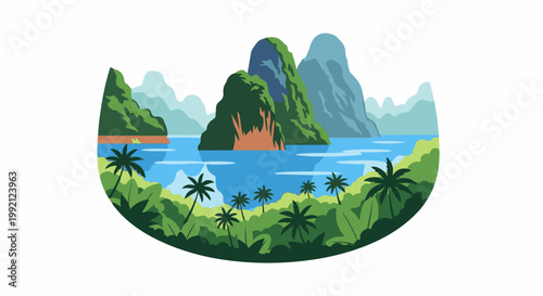 Tropical island bay with palm trees and jungle foliage