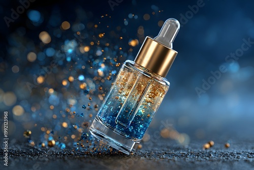serum bottle with scientific particles and blue gradient background