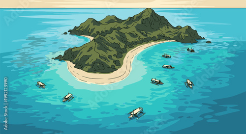 Tropical island with lush green mountains, white sand beaches, and boats in turquoise water
