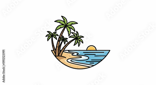 Tropical island with palm trees, sandy beach, ocean waves, and a setting sun