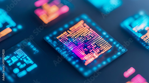 Vibrant, glowing microchips displaying intricate digital data patterns and complex code, symbolizing advanced computing, artificial intelligence, and interconnected future of technology infrastructure