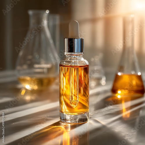 cosmetic serum with lab glass and soft light premium minimal scene