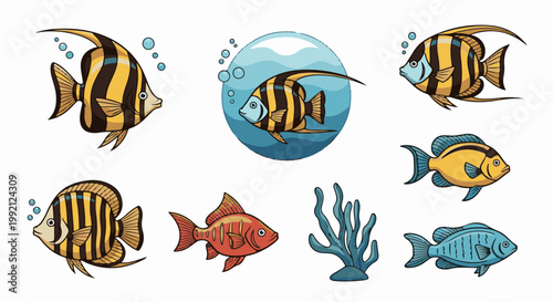 Vibrant aquarium life colorful fish, coral, and bubbles illustrated