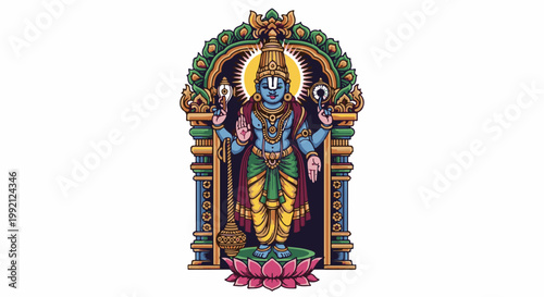 Vibrant depiction of a blue deity within an ornate temple archway