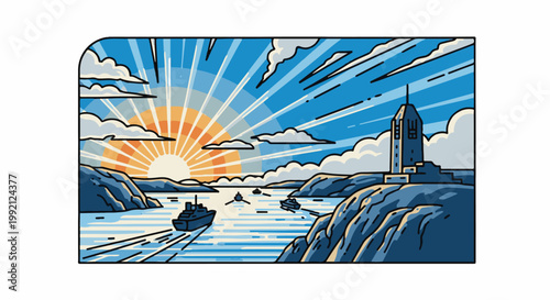 Vibrant sunrise over a bay with ships and a coastal tower