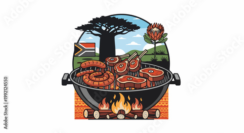 Savory barbecue with various meats grilling over open flames