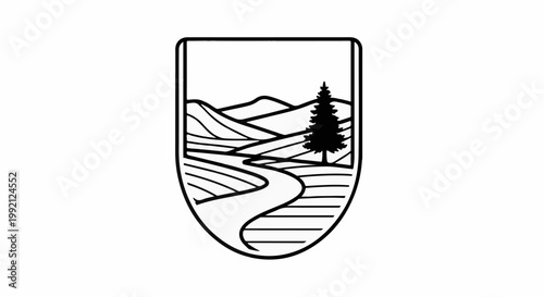Shield containing a winding path through rolling hills and a solitary tree