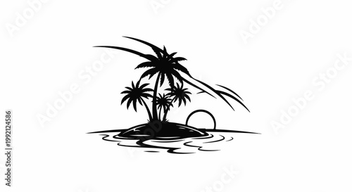 Silhouette of a tropical island with palm trees and sunset over ocean