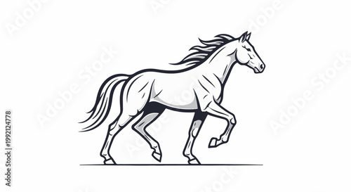 Stylized black and white illustration of a dynamic horse in motion