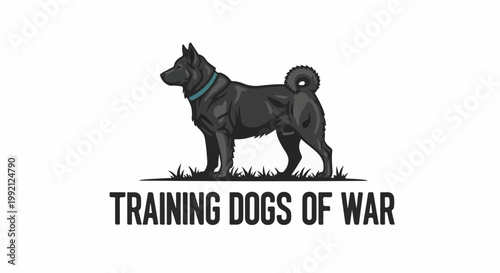 Stylized black dog with curled tail stands alert on grass