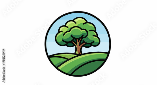 Stylized green tree on rolling hills under blue sky in a circle