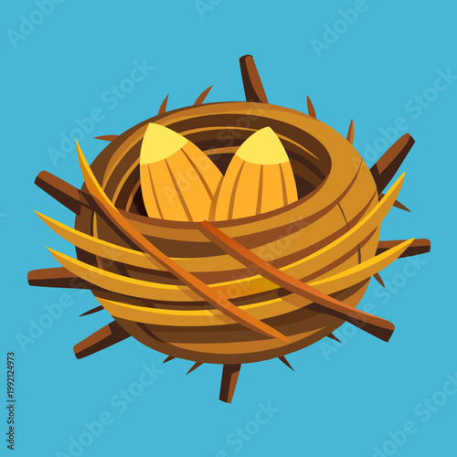 Bird Nest with Two Eggs on Blue Background