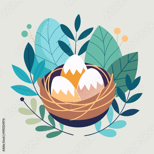 Bird nest with eggs and spring foliage
