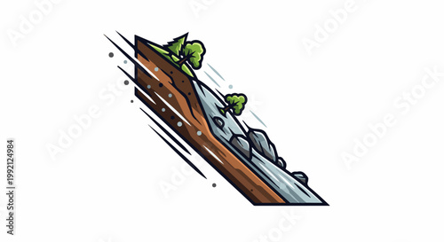 Stylized illustration of a landslide with trees and rocks in motion