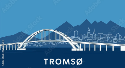 Stylized line drawing of a modern arch bridge spans across a bay, city skyline behind