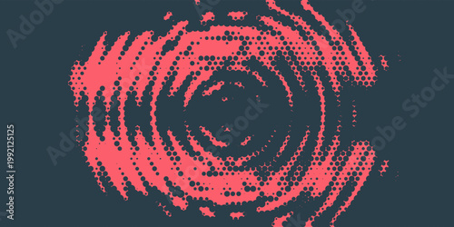 Circular Halftone Pattern Concentric Circles Frame Vector Red Black Colour Abstract Background. Mod Minimalist Art Half Tone Graphics Rippled Structure. Retro Futurism Technology Art Illustration