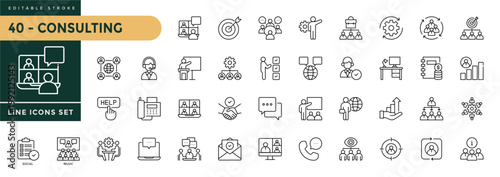 A collection of Consulting icons set with editable stroke, including advise, conference, expert, problem solving, solutions, expertise, guidance, planning. Thin linear vector illustration.