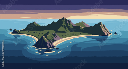 Stylized pixel art of a serene island with jagged mountains and tranquil blue waters