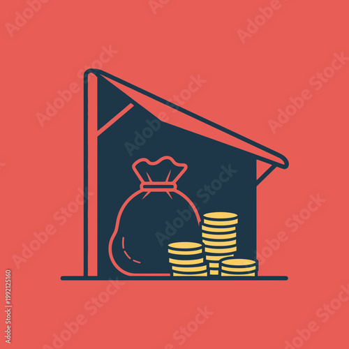 Money bag with stack coins house.