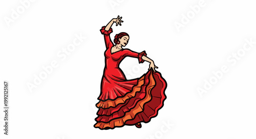 A stylized dancer in a vibrant, layered red dress strikes a graceful pose
