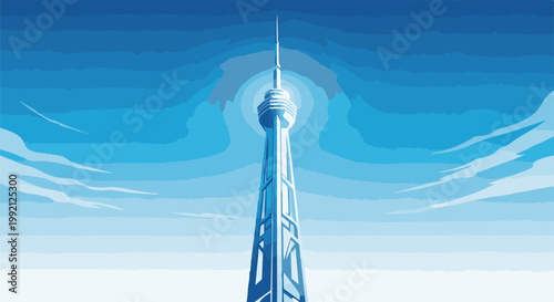 Stylized tall tower reaching into a blue, cloudy sky