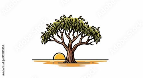 Stylized tree with a setting sun behind it on a flat plain